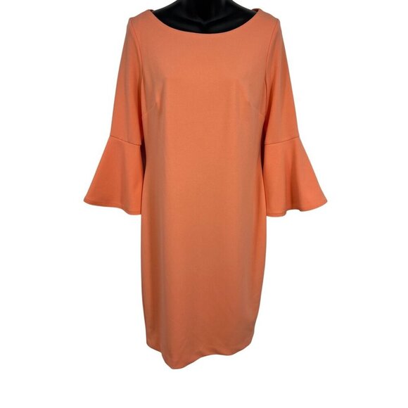Calvin Klein Bell Sleeve Peach Dress Size 10 Women Sheath 3/4 Scoop Stretch New - Picture 1 of 9
